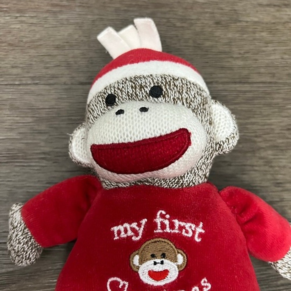 Sock Monkey My First Christmas Plush Red Romper Santa Hat Stuffed Animal